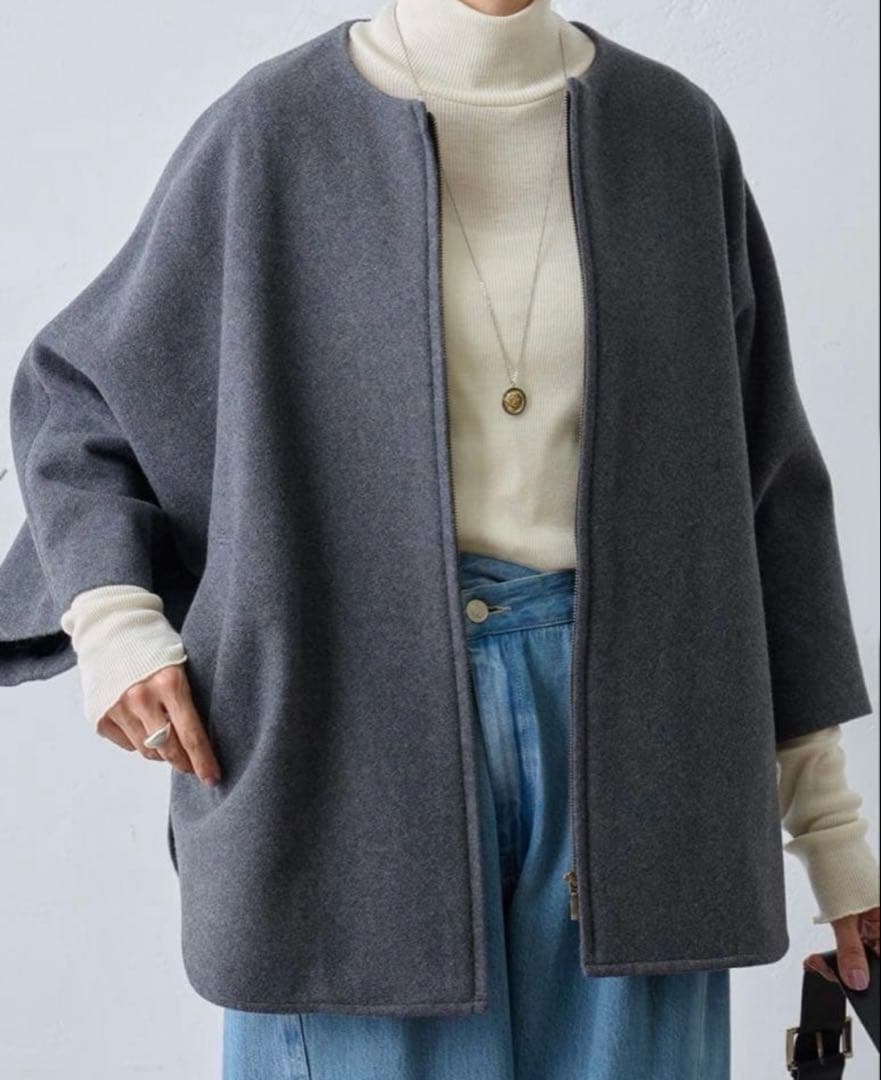 1389 美品✨ ビアズリー ウールポンチョコート ダークグレー ノーカラー F