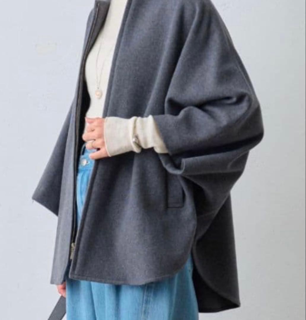 1389 美品✨ ビアズリー ウールポンチョコート ダークグレー ノーカラー F