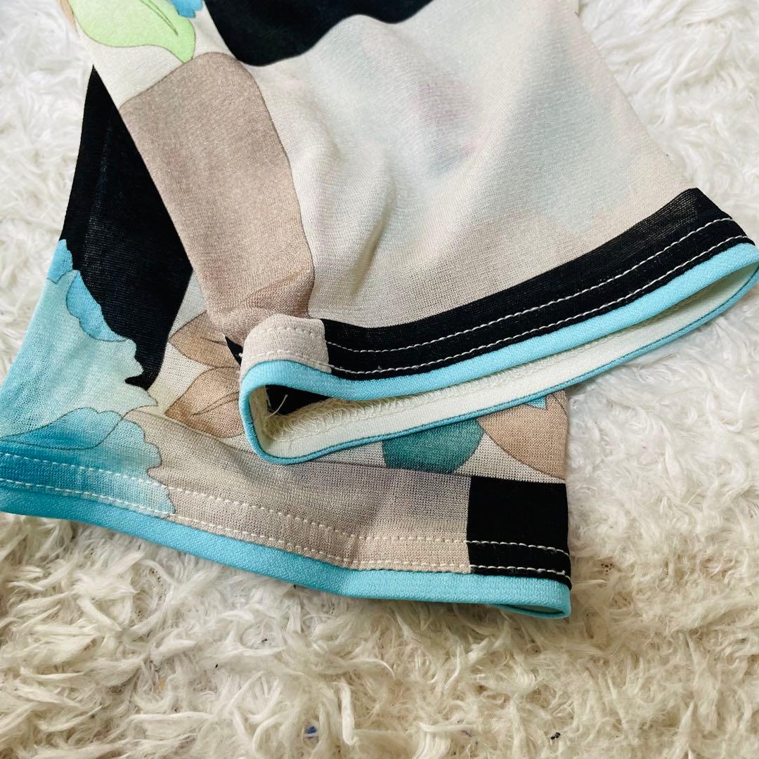 美品✨レオナール　カンカン素材 ロングワンピース　ベルト　花柄　ブルー　38M