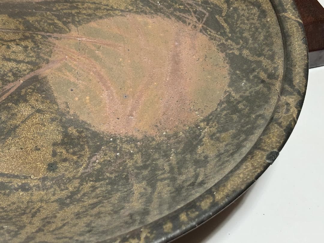 22　備前　牡丹餅 飾皿　約41㎝　大皿　唐木　皿立て 直しあり　詳細不明