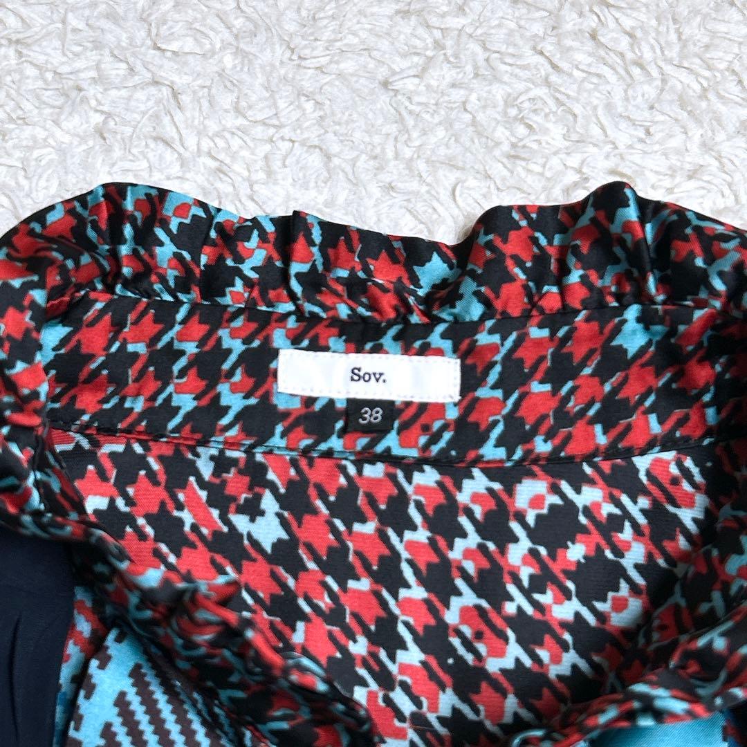 タグ付き/ソブ　ボウタイフリルシャツ　チェック　総柄　光沢　ブルー系　38