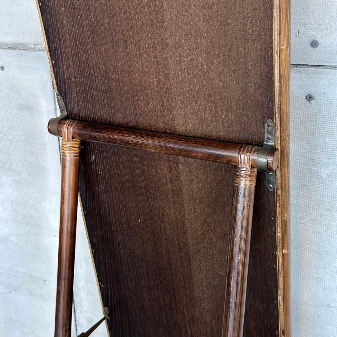 ♦︎昭和レトロ♦︎黒光スタンドミラー 物置格納型大鏡 姿見 等身鏡オールドラタン