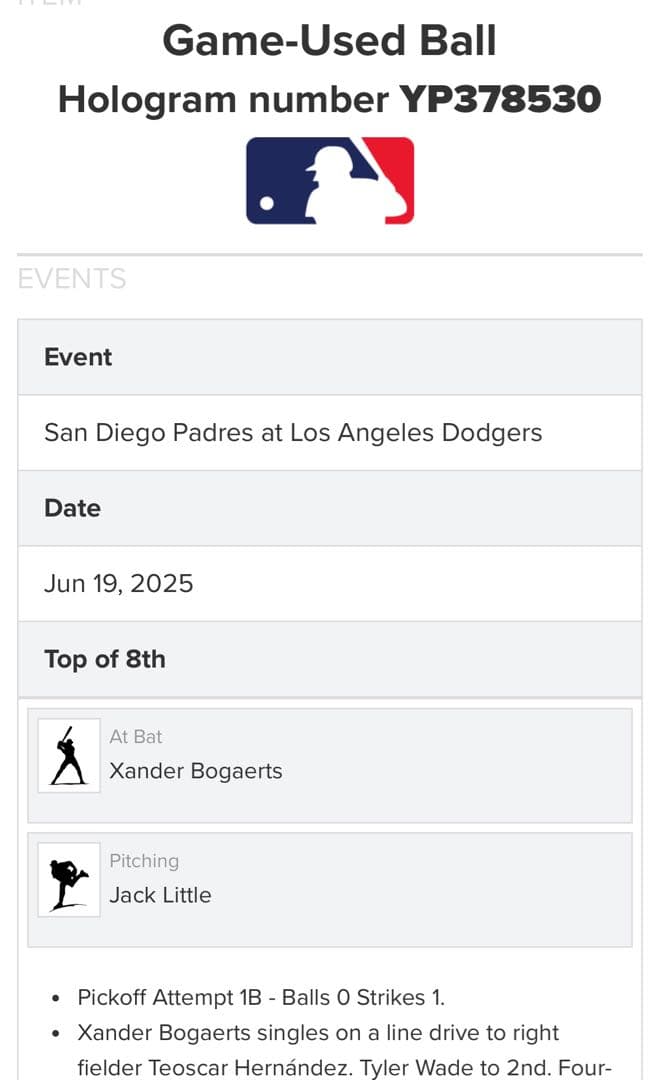 ドジャース戦　実使用ボール　ボガーツ 安打　フリーマン牽制