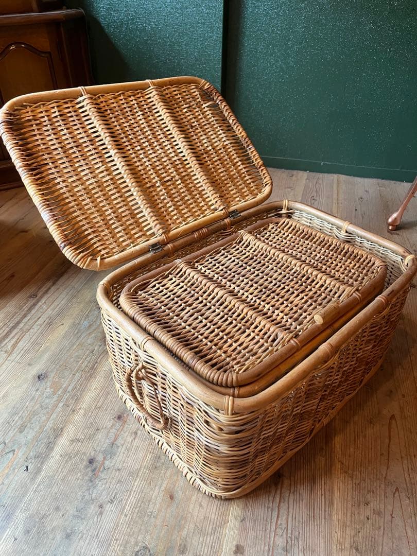 籐 ラタン かご バスケット 大小 セット 昭和レトロ 当時物 インテリア 収納