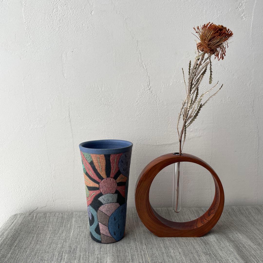 作家　陶芸家　志村観行　タンブラー　ビアカップ　背の高いコップ　手描き　手彫り