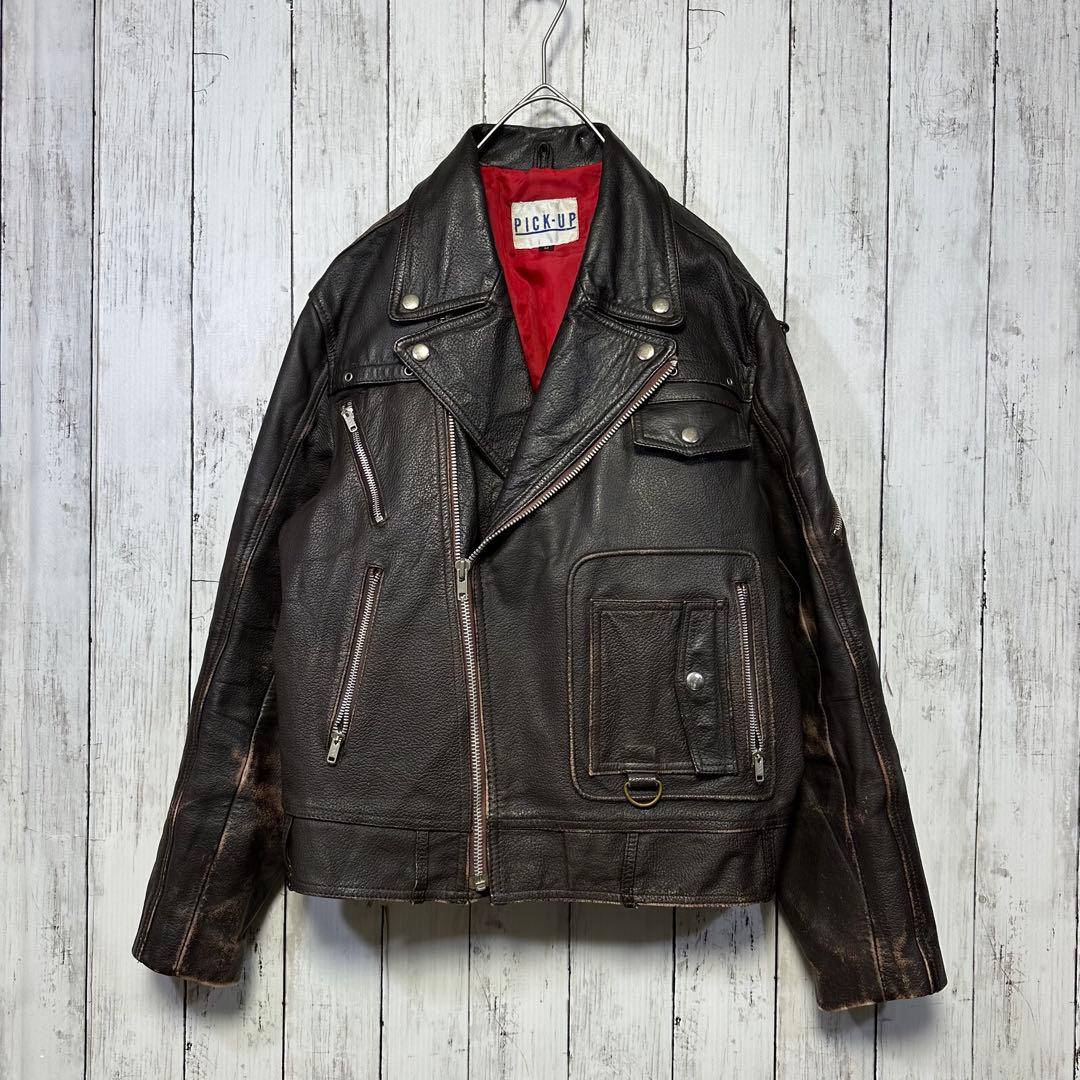 【カウレザー☆ダブルライダースジャケット】ダークブラウン☆裏地レッド☆M