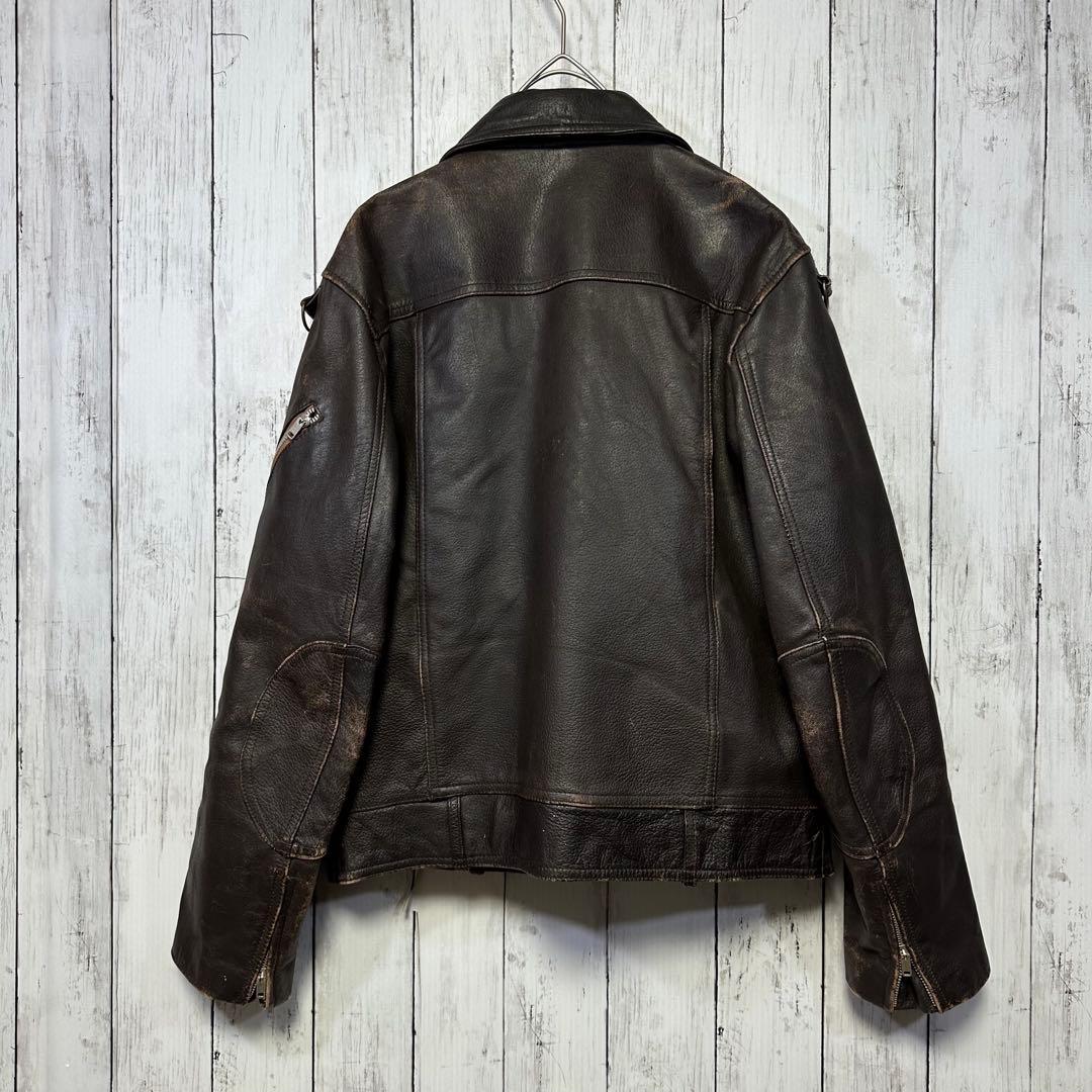 【カウレザー☆ダブルライダースジャケット】ダークブラウン☆裏地レッド☆M