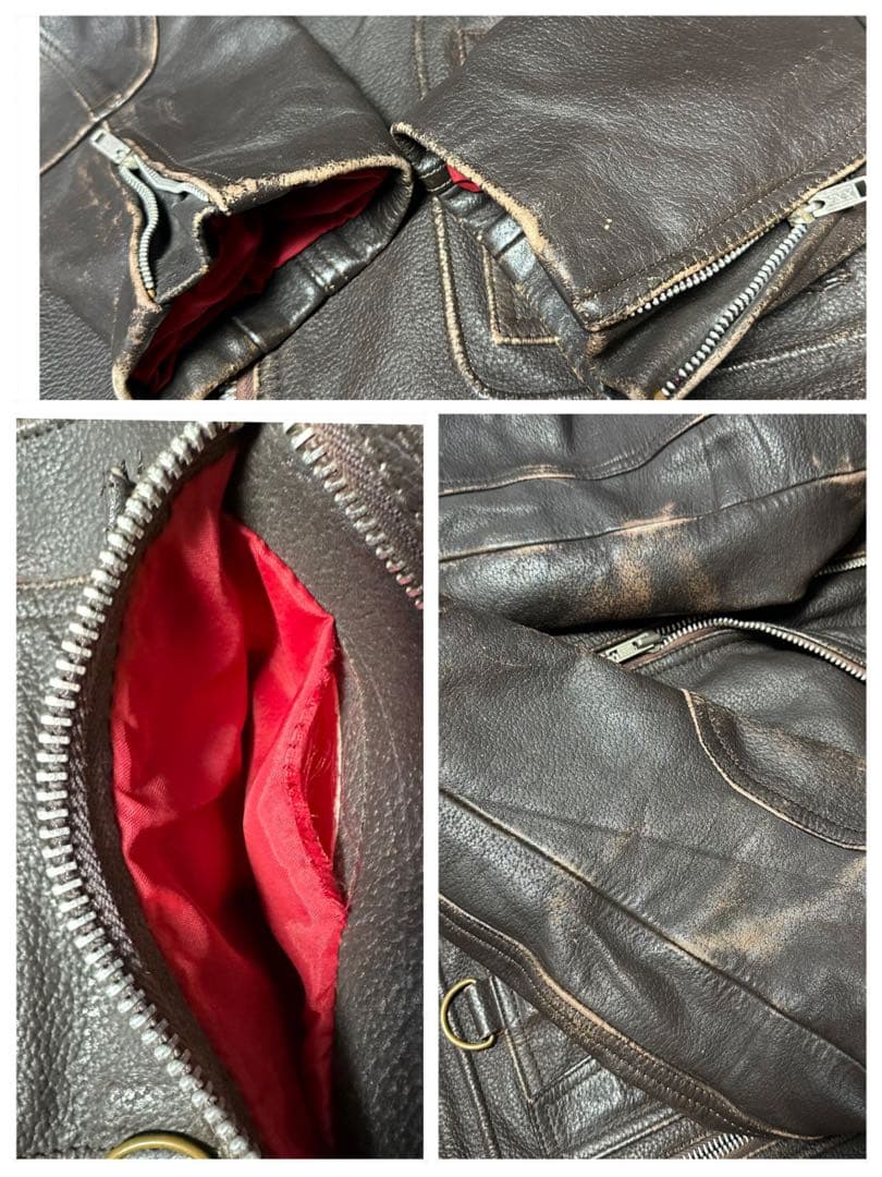 【カウレザー☆ダブルライダースジャケット】ダークブラウン☆裏地レッド☆M