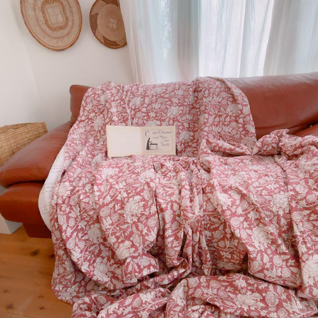 【大判】ソファーカバー　ブロックプリントキルト　カンタキルト