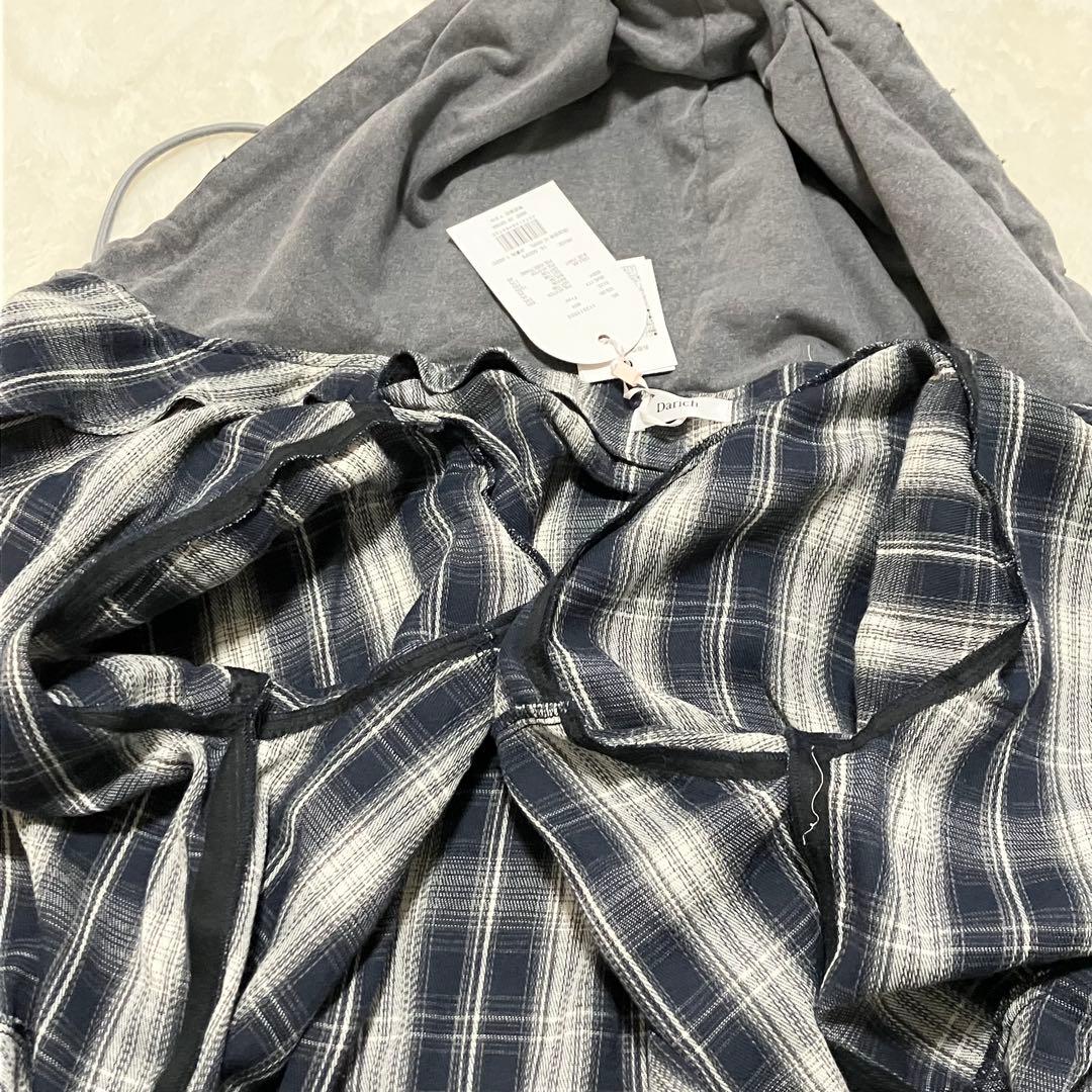 新品同様 タグ付 Darich フードドッキングチェックルーズシャツ FREE