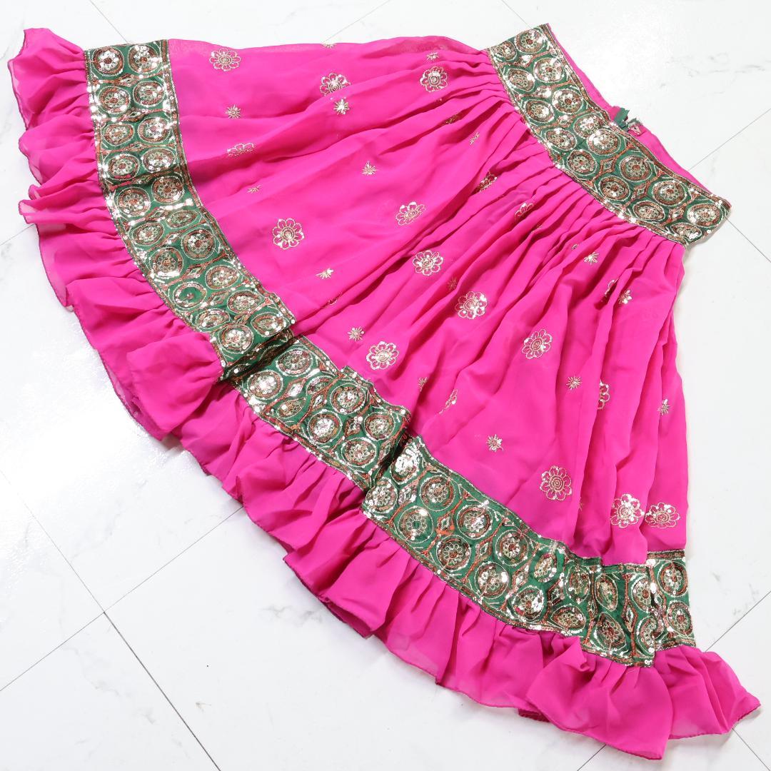 【ベリーダンス用 ボリウッド衣装】ピンク×ゴールド スパンコールラメ チョリ