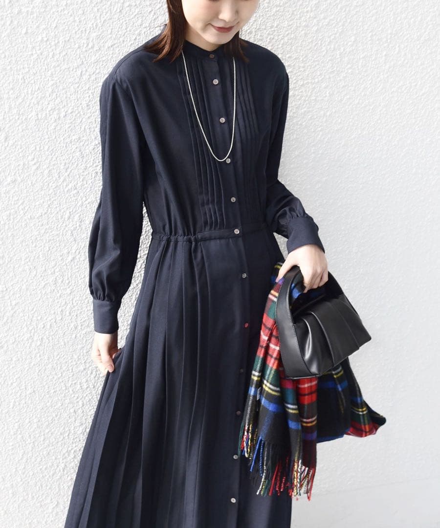 シップス SHIPS バンドカラーサイドプリーツワンピース ネイビー 濃紺 M