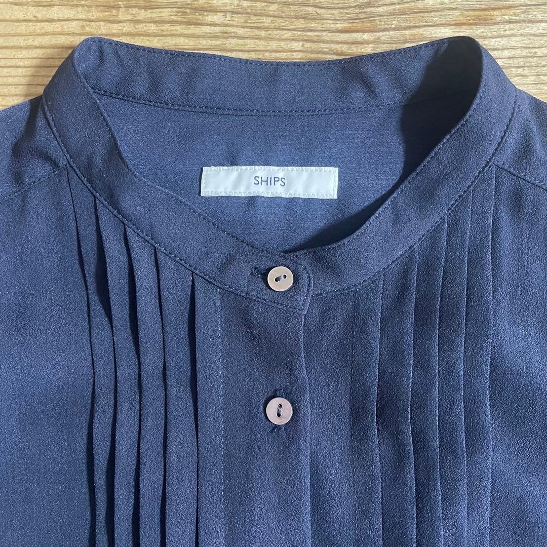 シップス SHIPS バンドカラーサイドプリーツワンピース ネイビー 濃紺 M