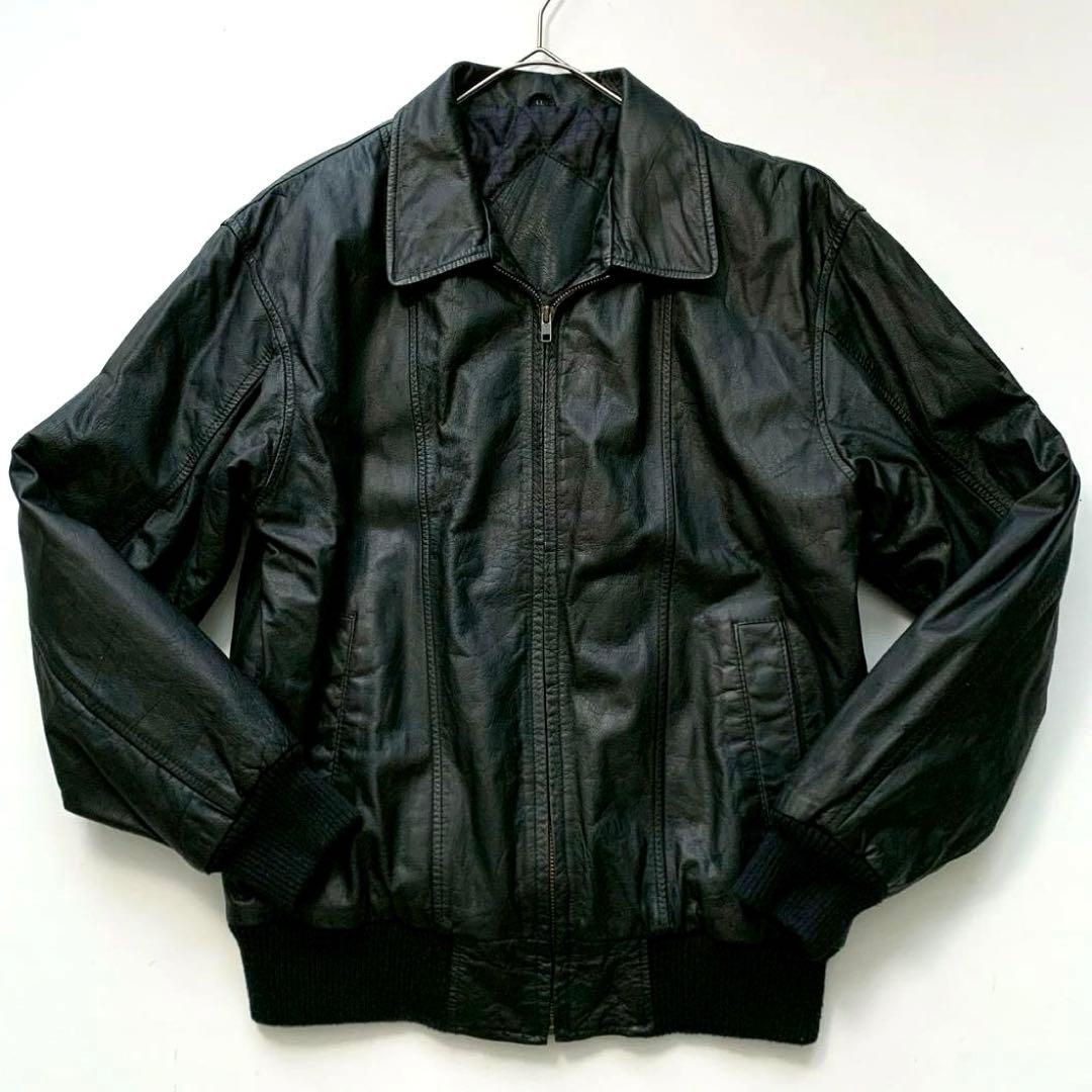 【ダッフル】レザージャケット 中綿キルティング裏地 リブ ジップアップ 黒