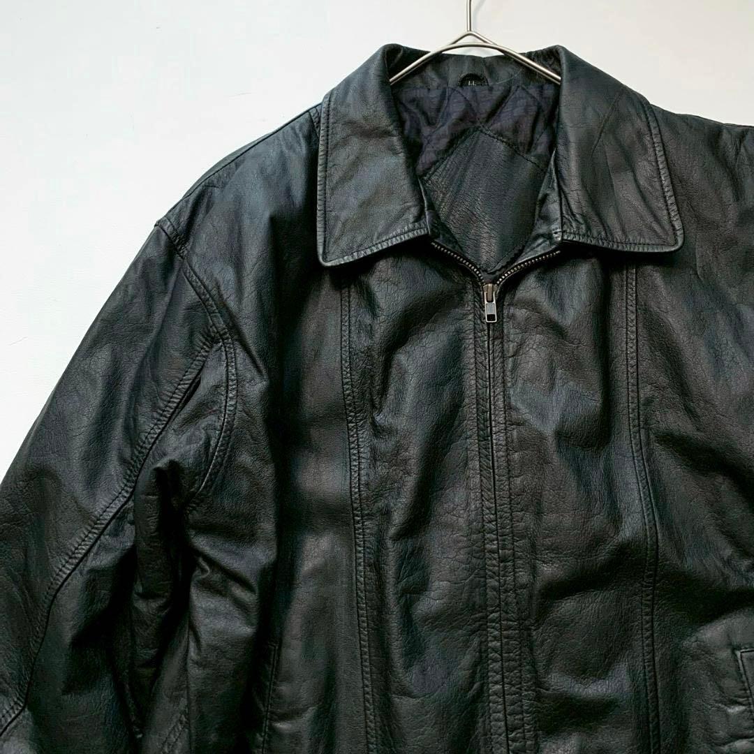 【ダッフル】レザージャケット 中綿キルティング裏地 リブ ジップアップ 黒