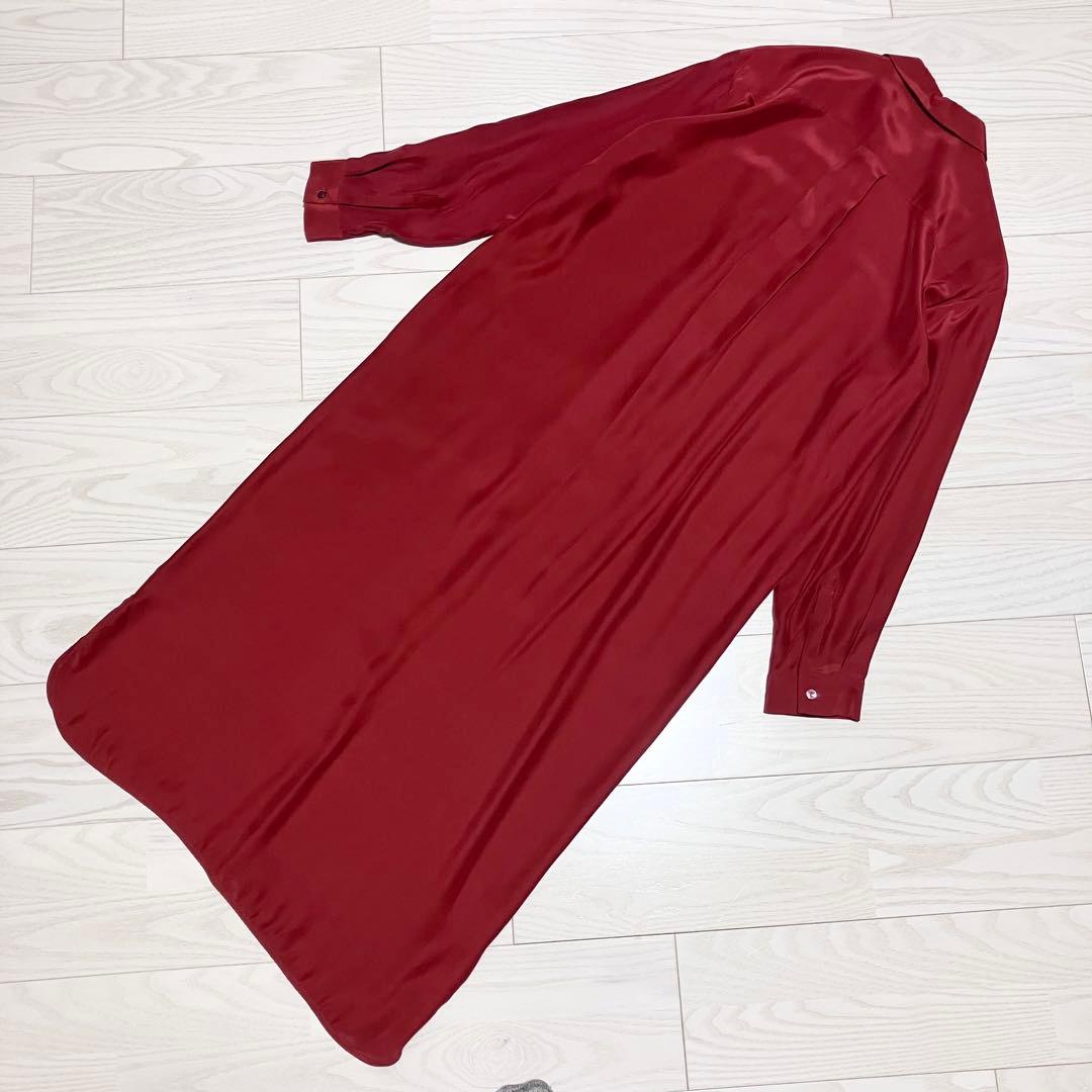 【美品】saqui サキ　洗える　シルクシャツドレス　ワンピース　サテン　赤