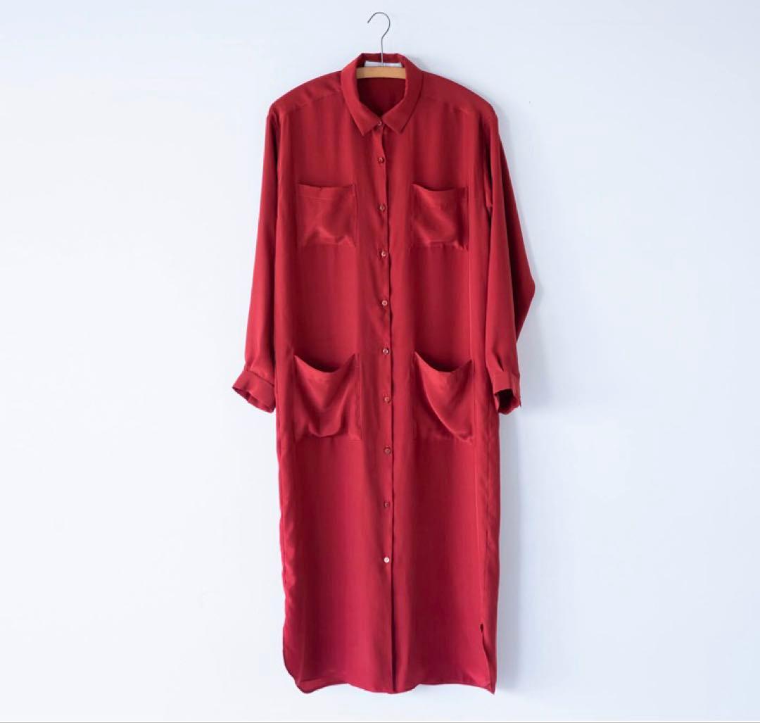 【美品】saqui サキ　洗える　シルクシャツドレス　ワンピース　サテン　赤
