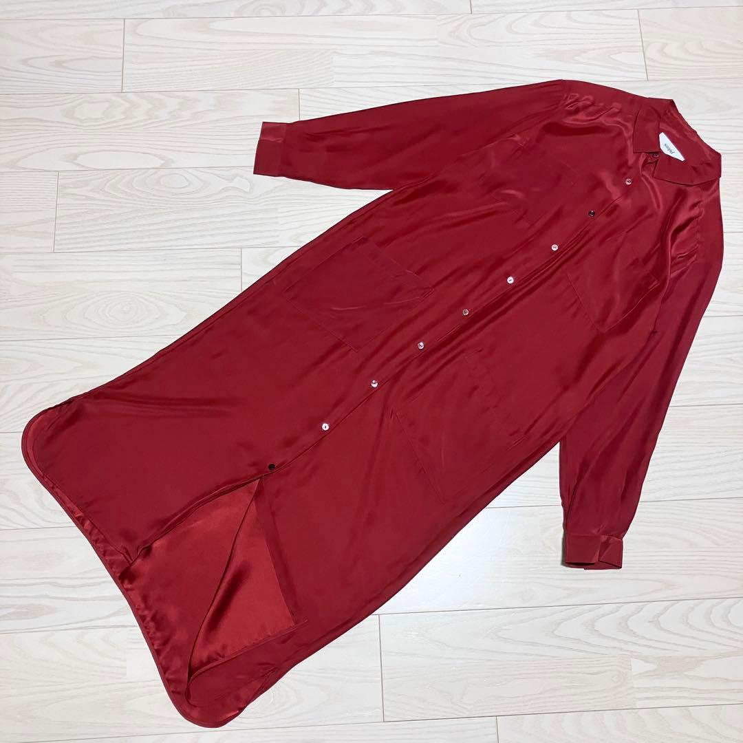 【美品】saqui サキ　洗える　シルクシャツドレス　ワンピース　サテン　赤
