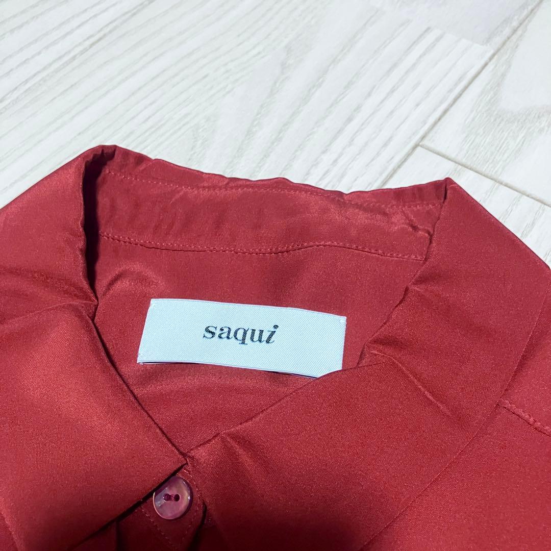 【美品】saqui サキ　洗える　シルクシャツドレス　ワンピース　サテン　赤
