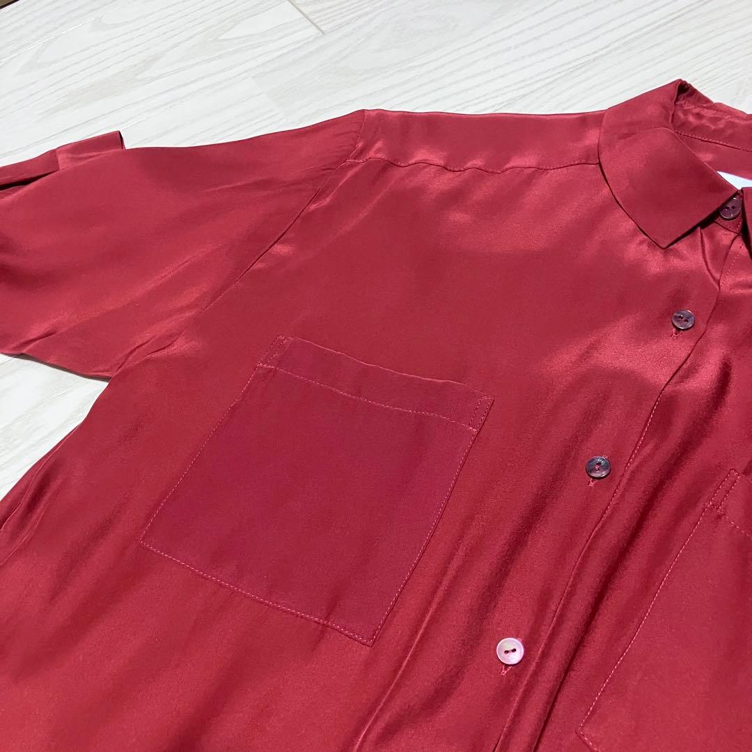 【美品】saqui サキ　洗える　シルクシャツドレス　ワンピース　サテン　赤