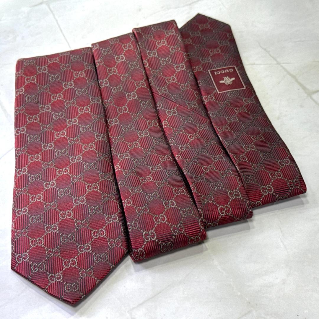 ☆即発 GUCCI GG柄 ネクタイ ボルドー 蜂 Bee シルク 伊製 美品