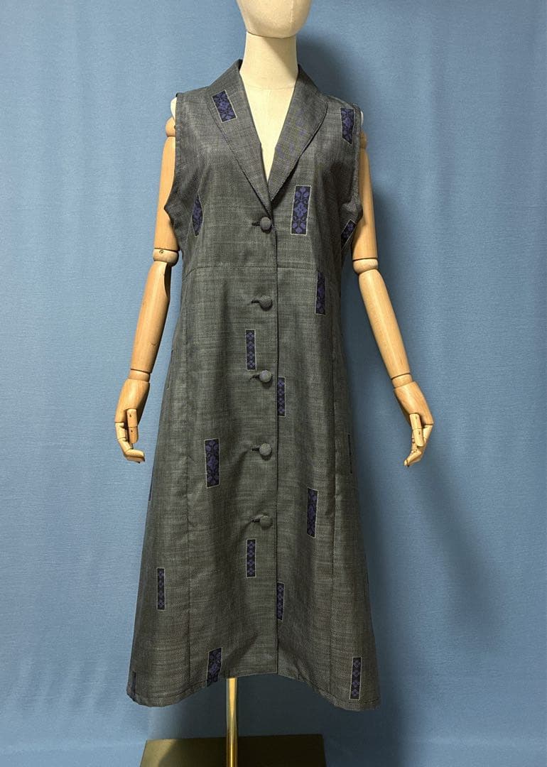 着物リメイク　5マルキ大島紬　ショールカラーロングジレ　ワンピース　L〜XL