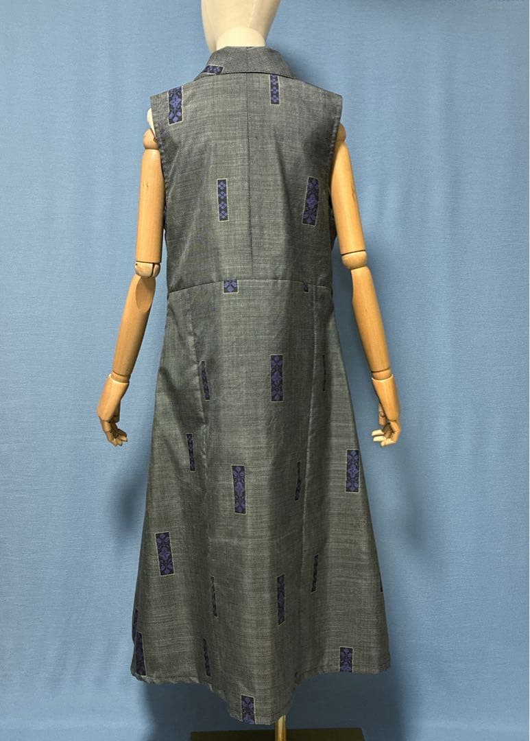 着物リメイク　5マルキ大島紬　ショールカラーロングジレ　ワンピース　L〜XL