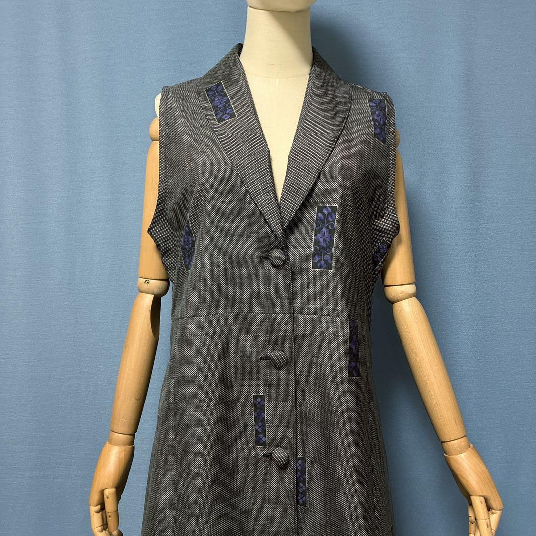 着物リメイク　5マルキ大島紬　ショールカラーロングジレ　ワンピース　L〜XL