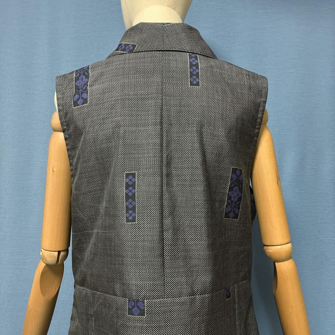 着物リメイク　5マルキ大島紬　ショールカラーロングジレ　ワンピース　L〜XL