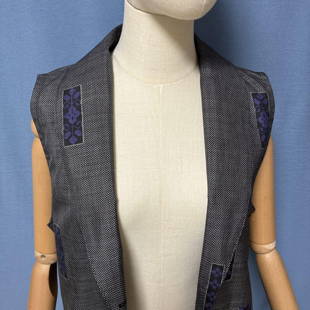 着物リメイク　5マルキ大島紬　ショールカラーロングジレ　ワンピース　L〜XL