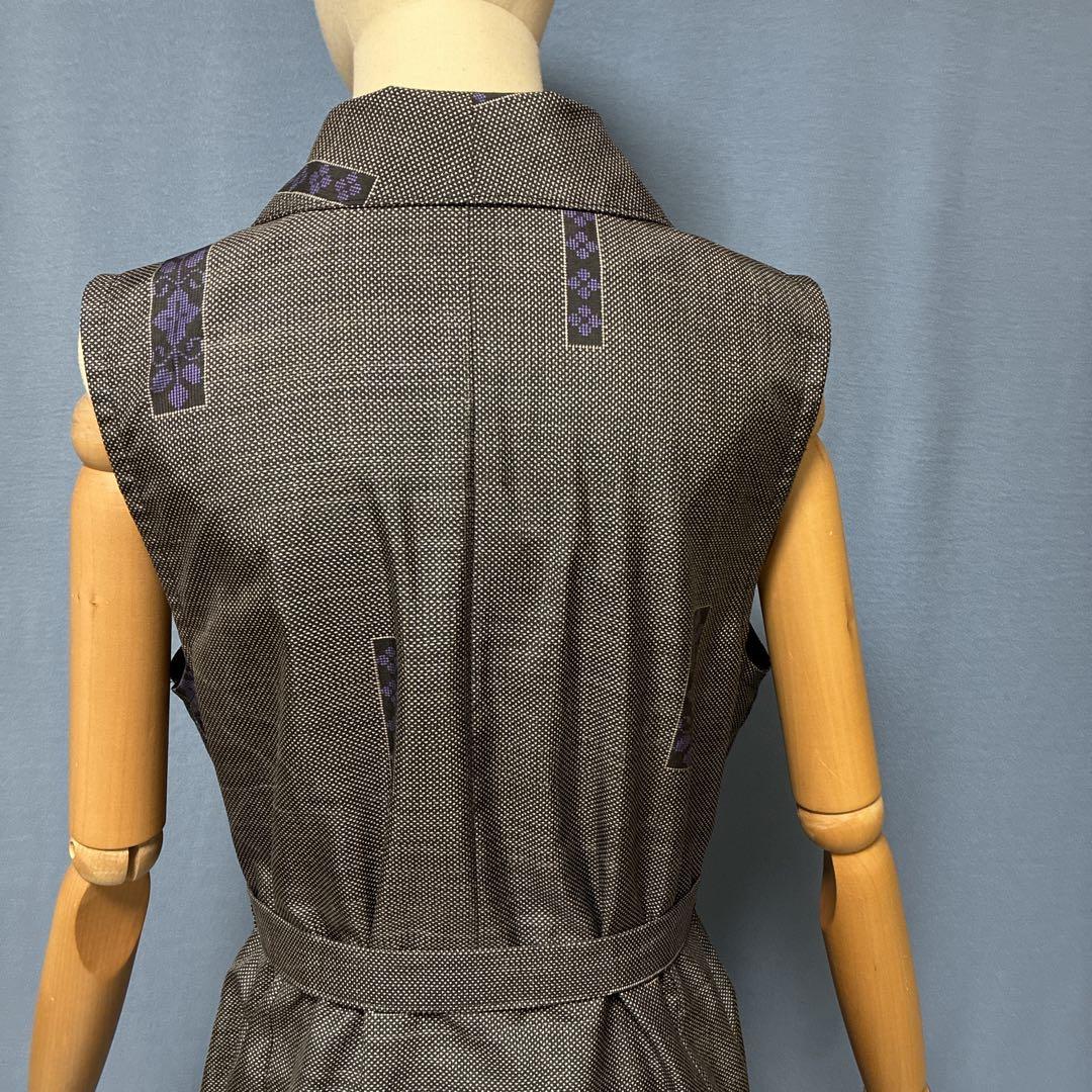 着物リメイク　5マルキ大島紬　ショールカラーロングジレ　ワンピース　L〜XL