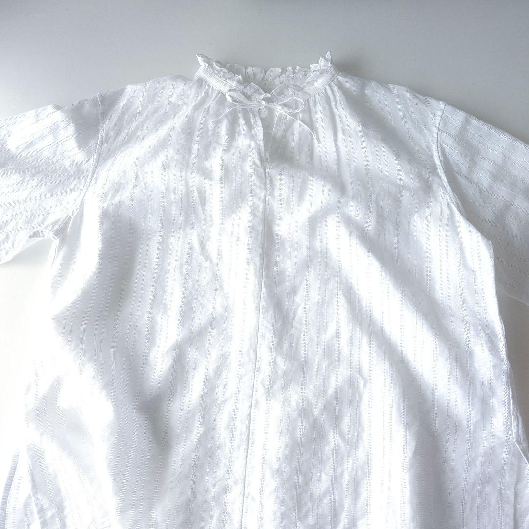 美品23区　リネンコットンフリルリボンブラウス　麻綿　ホワイト　サイズ38