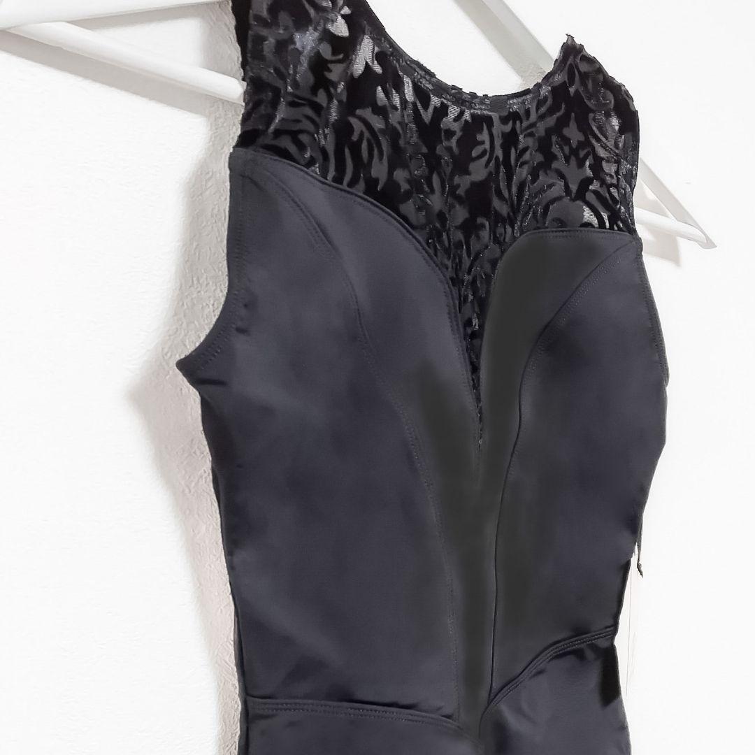 M ベルベット コルセットシーム　ハートネック　レオタード　黒＊　バレエ ダンス