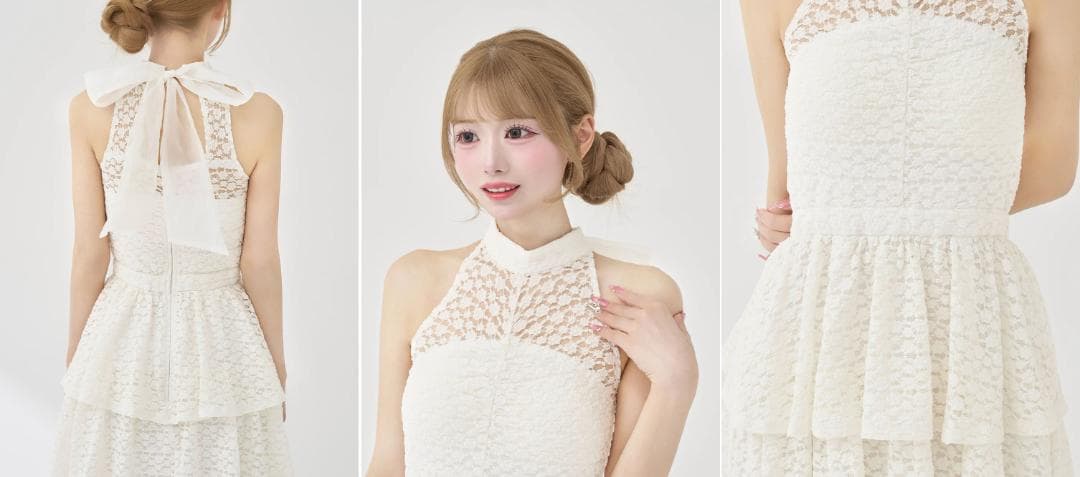 ダーリッチ バックリボンフラワーレースティアードロングドレス ホワイト FS