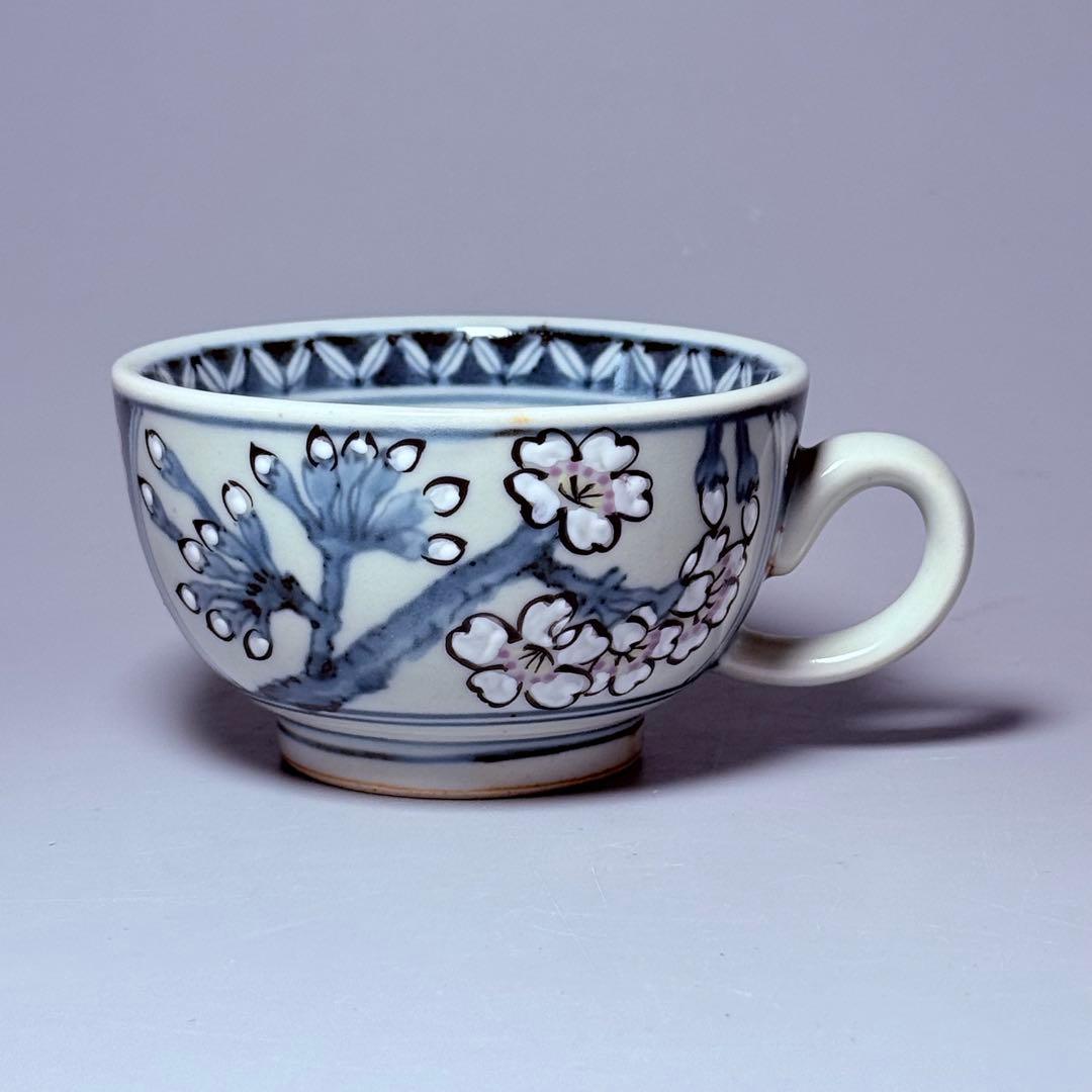 五代　佐藤走波　七十五才　染錦桜と朝顔文カップ＆ソーサー　コレクター放出品　訳有