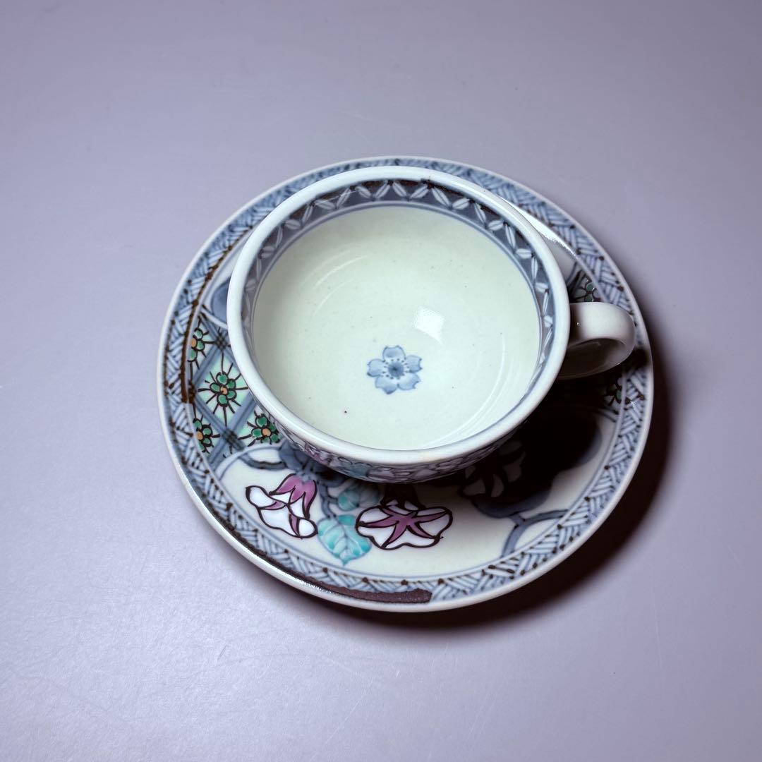 五代　佐藤走波　七十五才　染錦桜と朝顔文カップ＆ソーサー　コレクター放出品　訳有