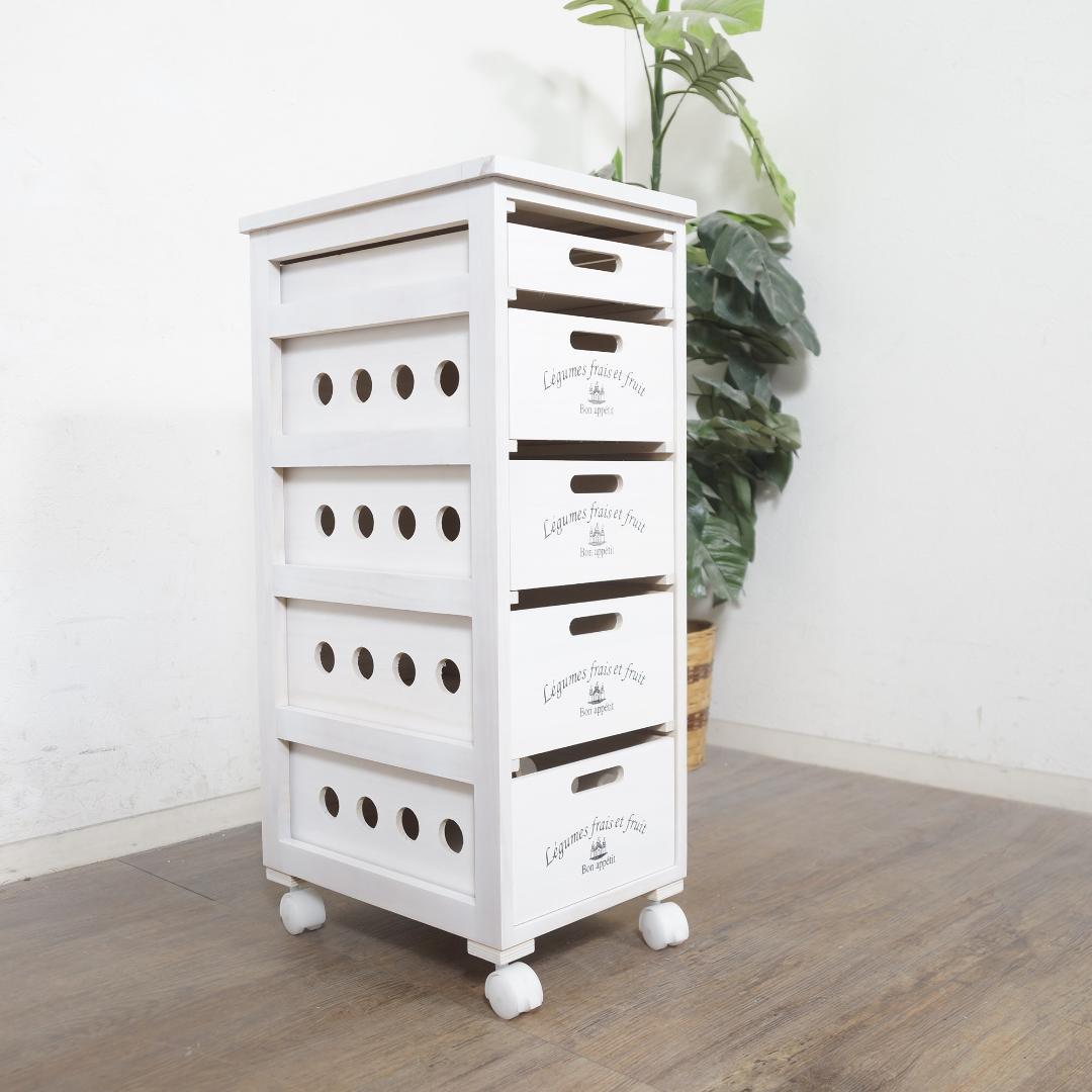 【新生活応援】タイル天板付 木製キッチンワゴン 5段チェスト 桐製 キャスター付