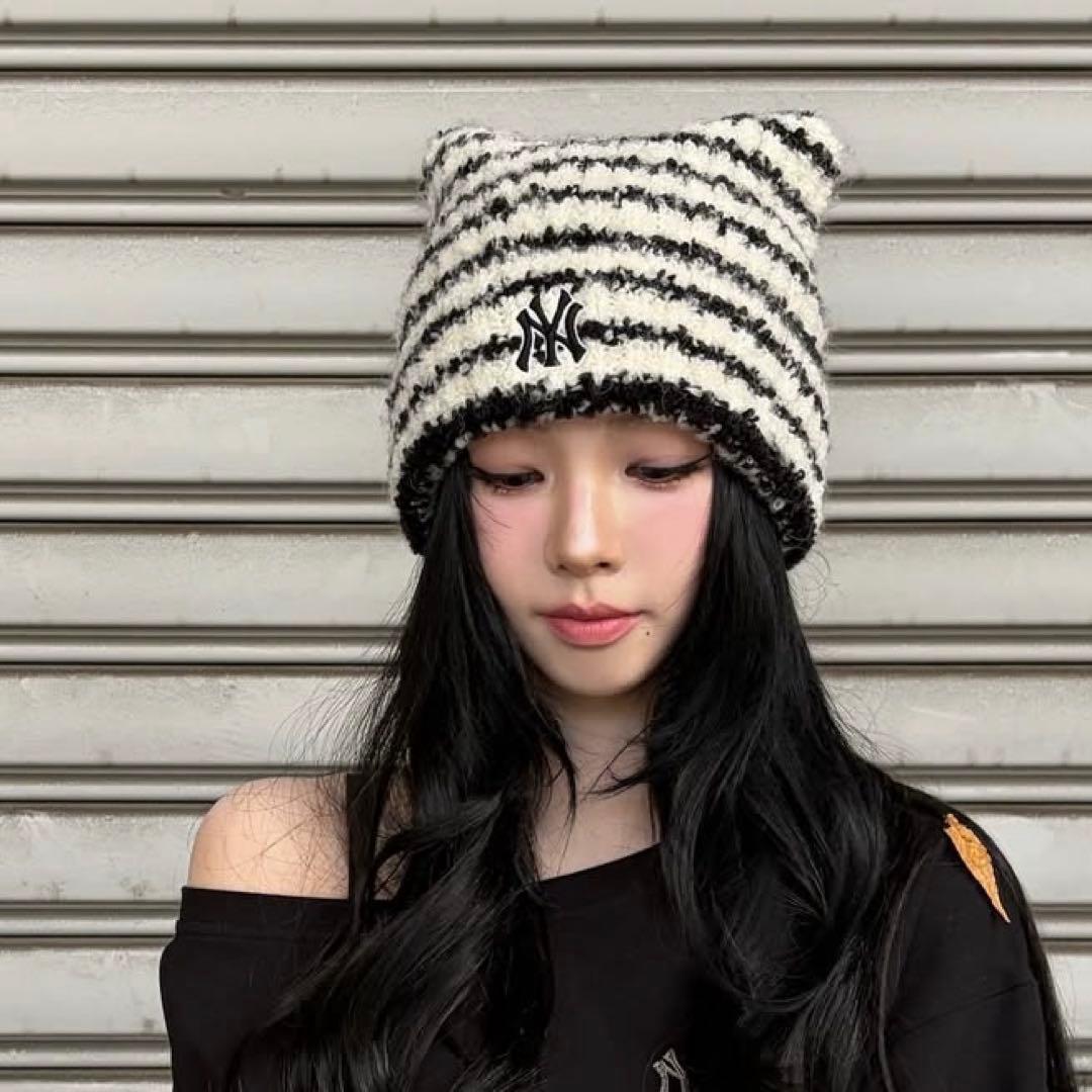 【新品未使用】韓国MLBビーニー ボーダー　karina 猫耳ニット帽　ミャオン