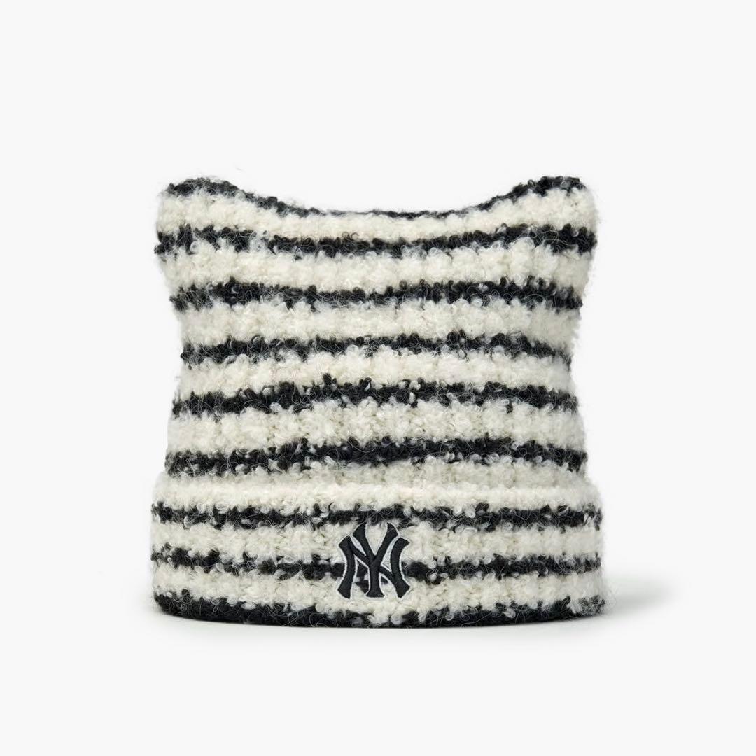 【新品未使用】韓国MLBビーニー ボーダー　karina 猫耳ニット帽　ミャオン
