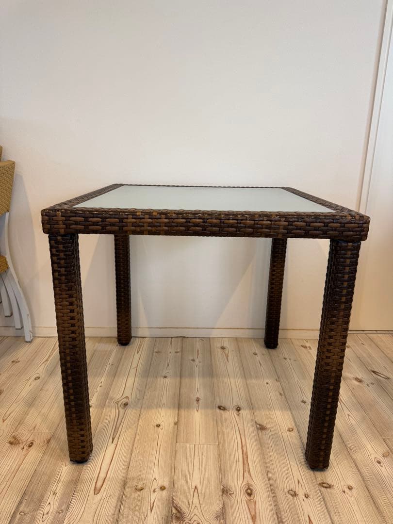 ラタン調 ガラストップエーゲテーブル 屋外可 カフェ①送料込☆