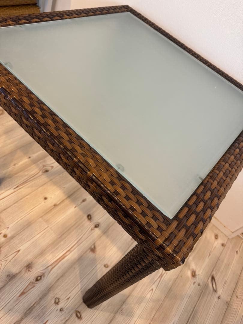 ラタン調 ガラストップエーゲテーブル 屋外可 カフェ①送料込☆