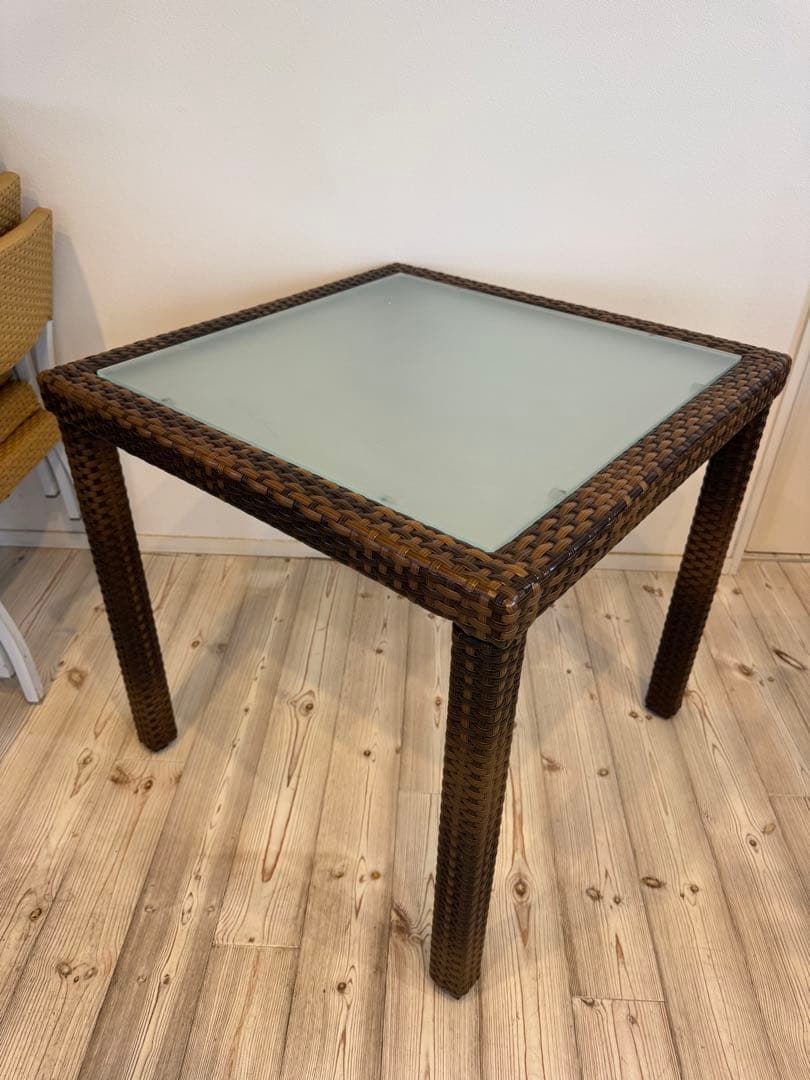 ラタン調 ガラストップエーゲテーブル 屋外可 カフェ①送料込☆