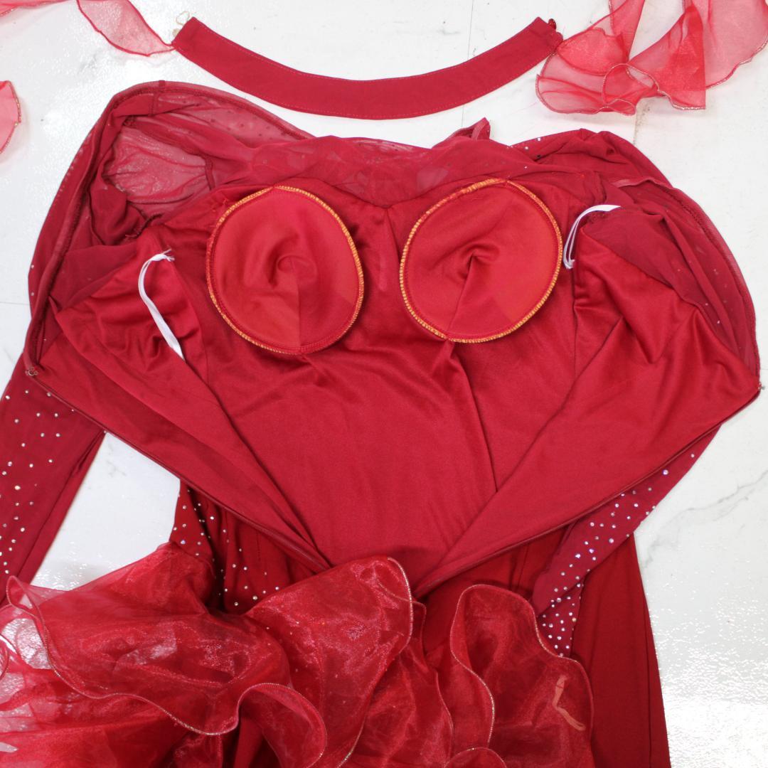 【社交ダンス衣装】ワインレッド ラテンドレス ワンピース フリル レース 赤