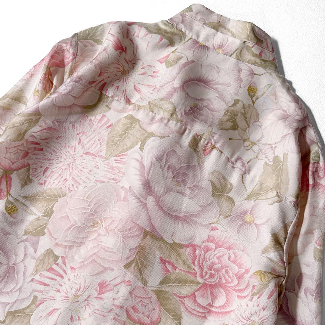 サルヴァトーレフェラガモ 花柄 シルク ボウタイ 長袖 シャツ 絹 38 ピンク