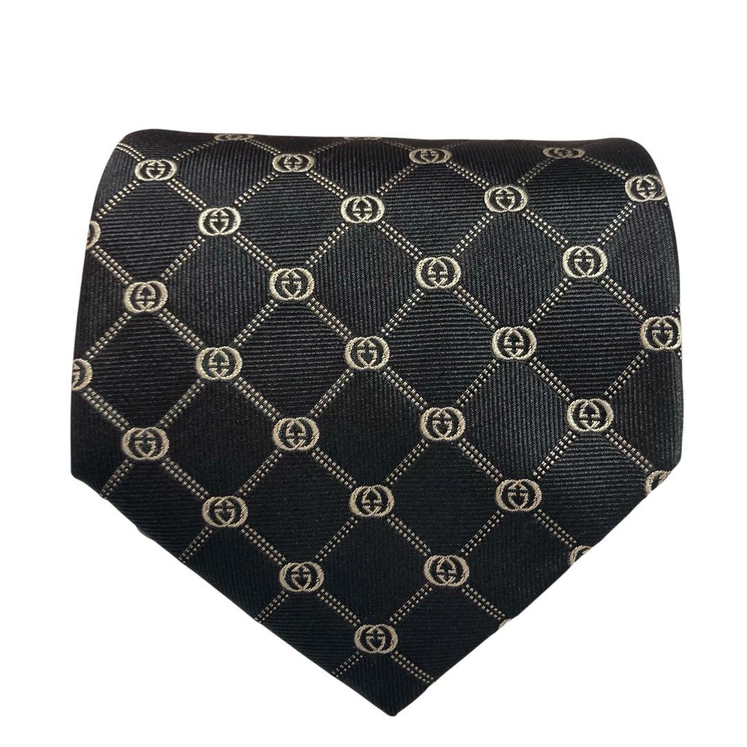未使用級　GUCCI グッチ　ネクタイ　ブラック　黒　GG柄　インターロッキング