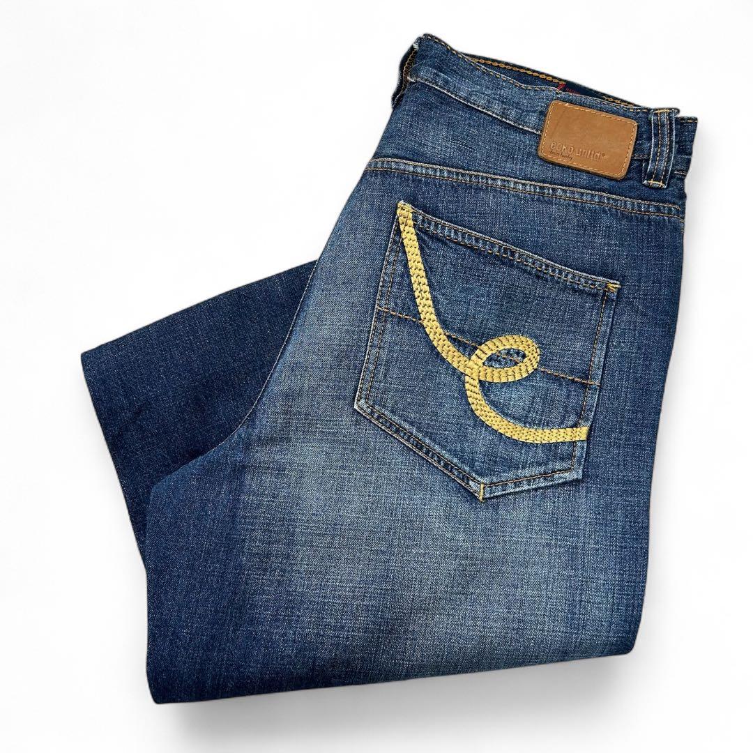 極太 W34 エコーアンリミテッド フェード加工 バギー デニム 刺繍 90s