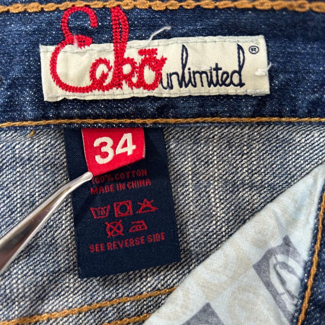 極太 W34 エコーアンリミテッド フェード加工 バギー デニム 刺繍 90s