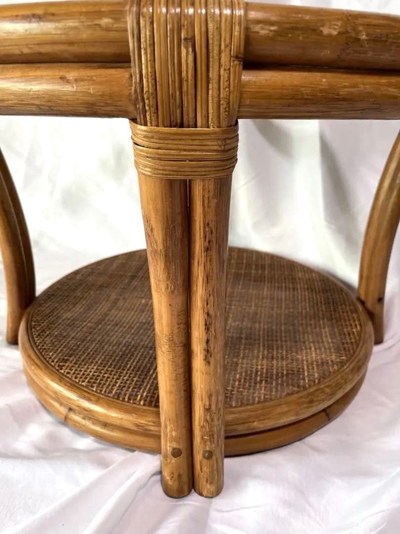 ラタンテーブル サイドテーブル 丸テーブル 籐 昭和レトロ ガラステーブル