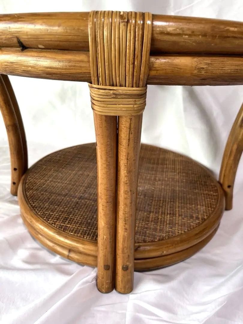 ラタンテーブル サイドテーブル 丸テーブル 籐 昭和レトロ ガラステーブル