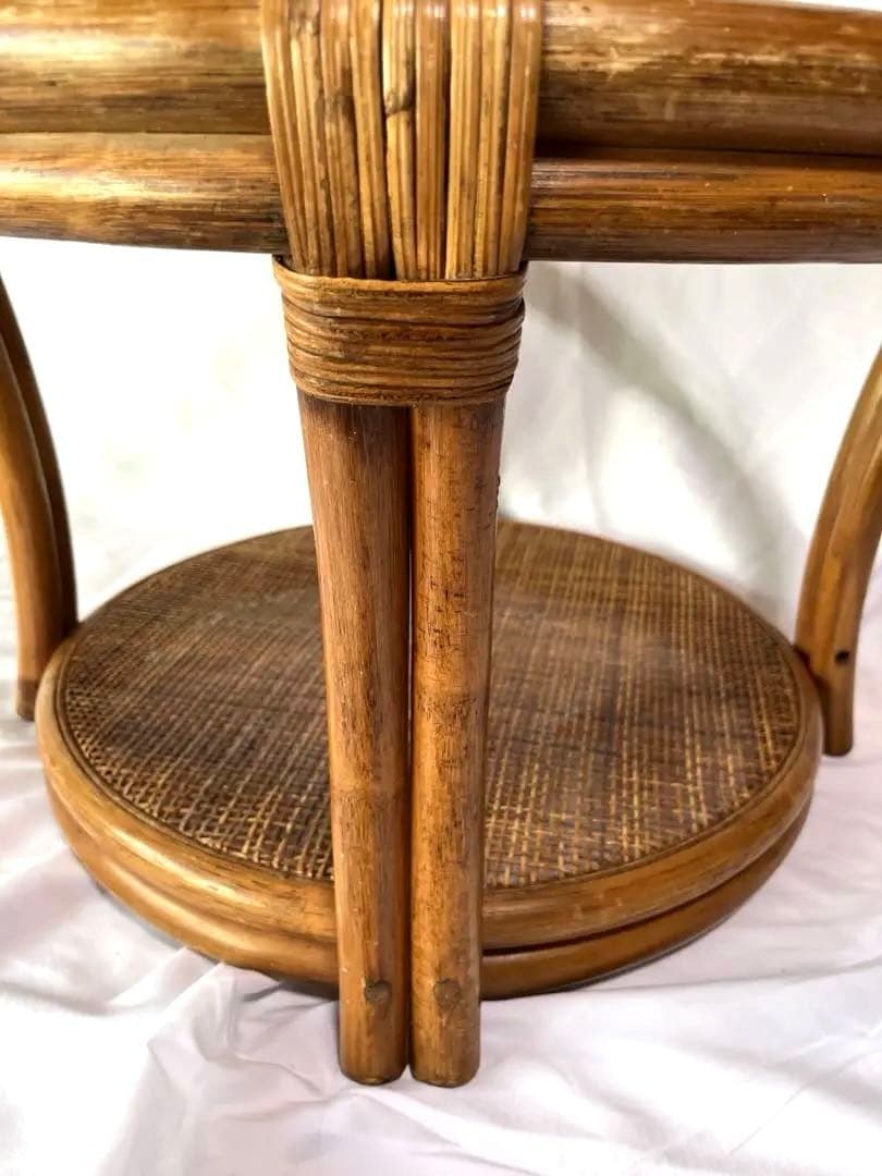 ラタンテーブル サイドテーブル 丸テーブル 籐 昭和レトロ ガラステーブル